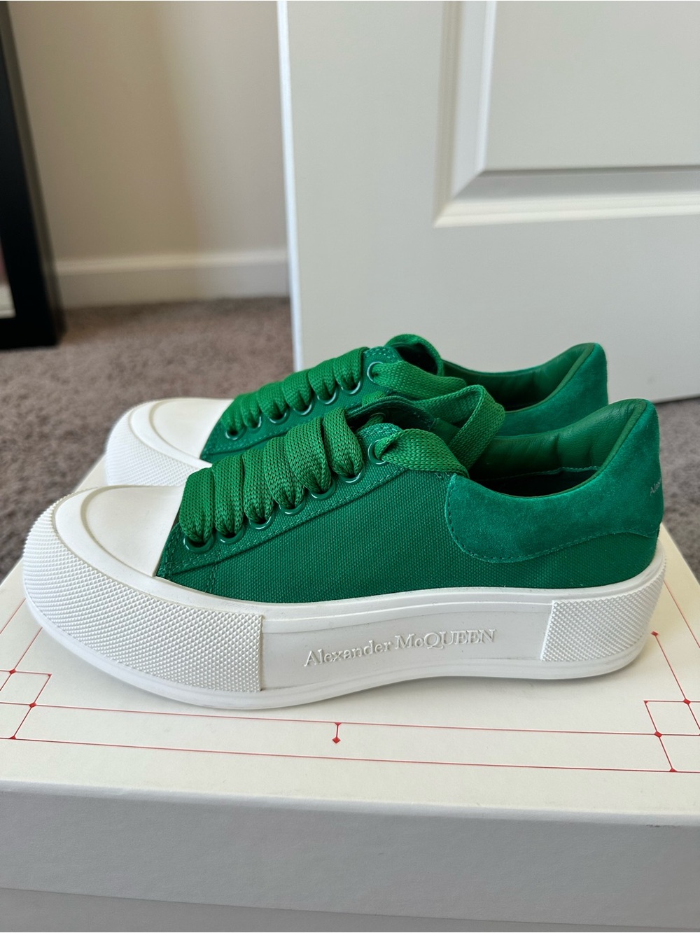 Alexander McQueen Green Canvas & Suede Platform Sneakers with White Sole